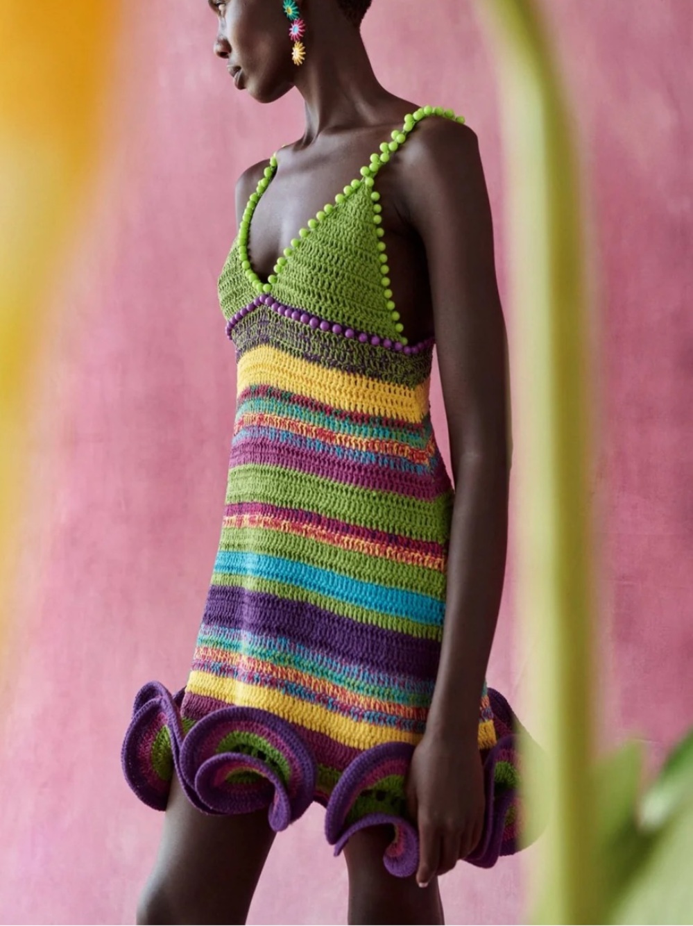 CeliaB Bacuri Multicolor Crochet Mini Dress in Green, Purple, Yellow, Blue